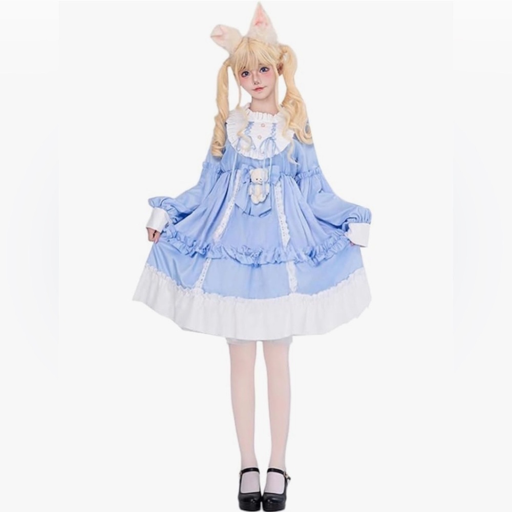 Lolita Cute,Japanese Style Dress,women Extra Small,High Waist Long Sleeve Dress